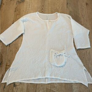 KIYO | White Textured Gauze Handkerchief Hem Relaxed Fit Coastal Tunic Blouse L